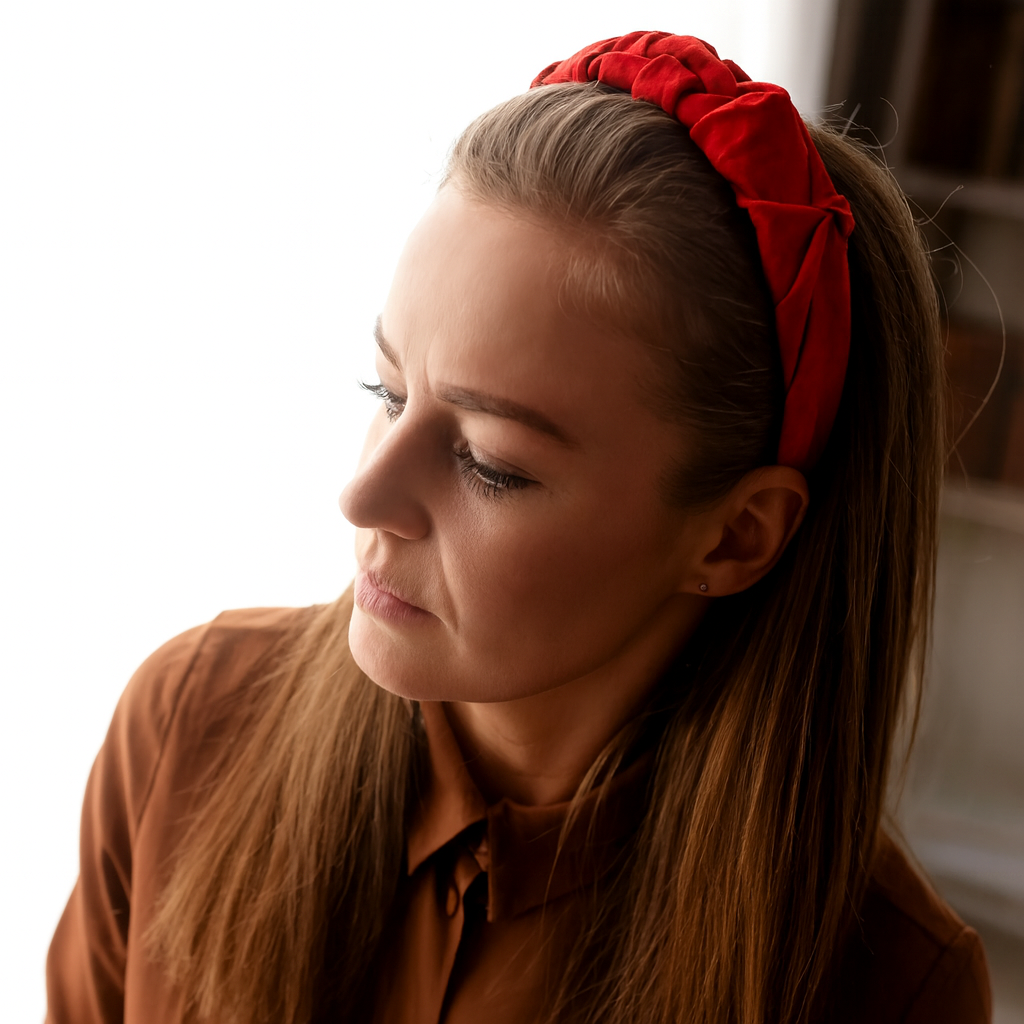 Czerwona lniana opaska z falbanką, ręcznie robiona