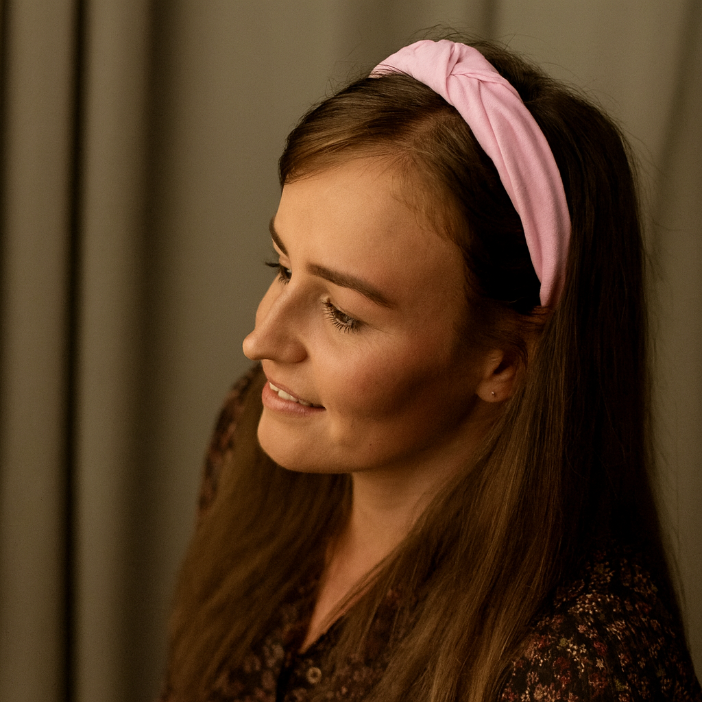 Pastel pink cotton headband with ruffles HANDMADE