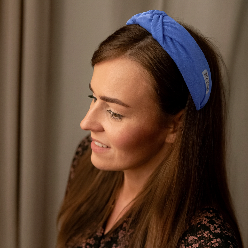 Blue linen headband with ruffles HANDMADE