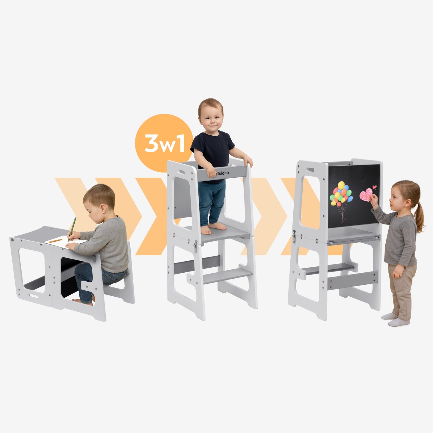 Tulano Mooby 35 Kitchen Helper Stepper Kids 3 in 1 Up to 60 kg White/Gray