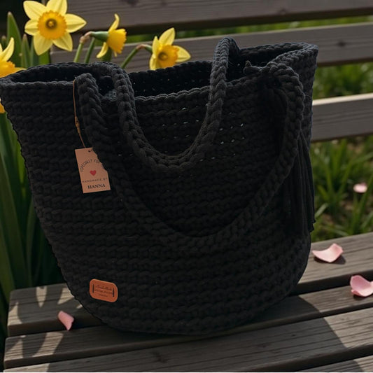 Ręcznie robiona na szydełku torba typu shopper - czarna